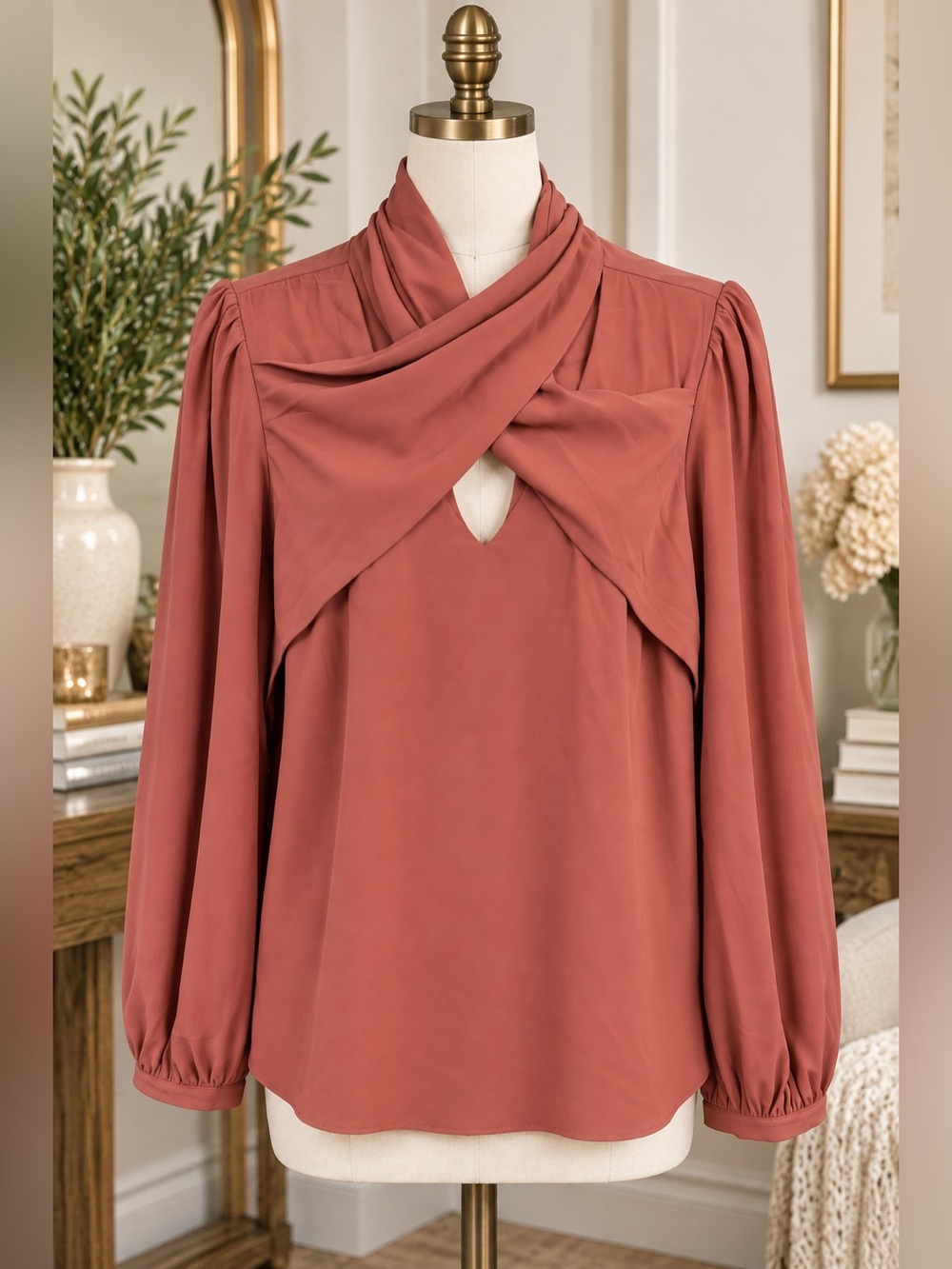 NWT Terracotta Crossover Draped Neck Blouse Long Sleeve Size L Strut & Bolt